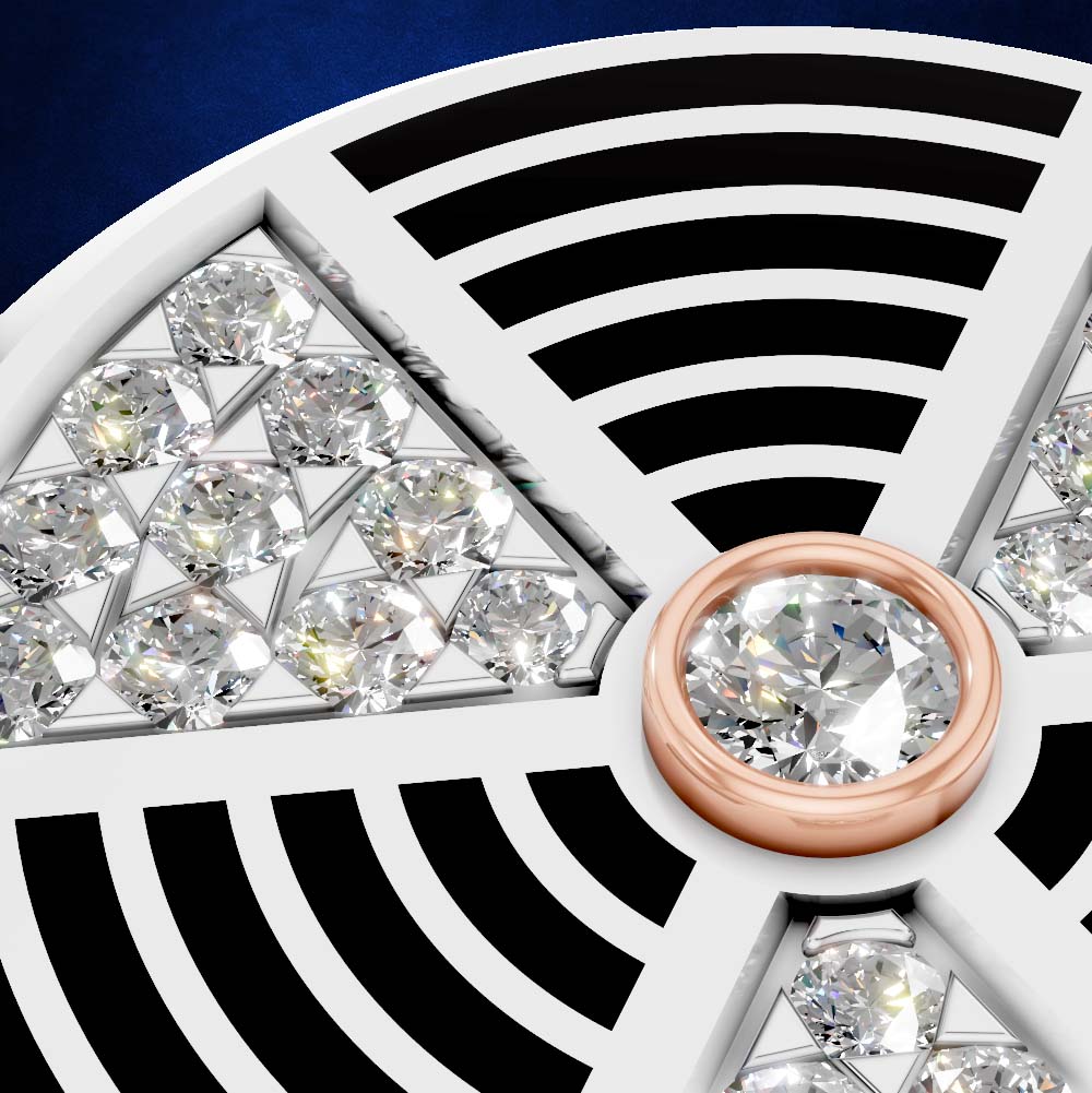 Close-up of a jewelry setting featuring multiple clear round gemstones arranged in triangular sections, with a rose-gold circular bezel holding a central clear stone. The background is split between black and deep blue.