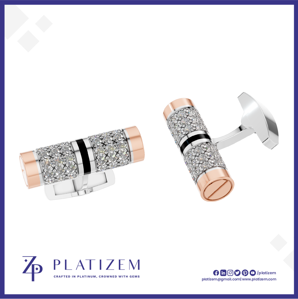 A pair of rectangular cufflinks by Platizem, featuring a silver-toned pavé-set crystal center with a polished rose gold end cap and a thin black accent band. One cufflink is shown from a side angle and the other from a three-quarter angle, set against a white background with a blue border and the Platizem brand logo at the bottom.