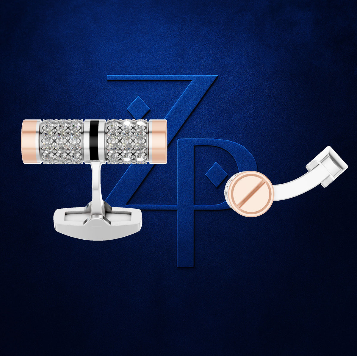 A pair of men's cufflinks displayed against a dark blue textured background with a large blue 'ZP' logo. The cufflinks feature a silver-toned metal base, a central cylindrical section covered in clear pavé-set stones, a thin black accent band, and rose gold-toned end caps.
