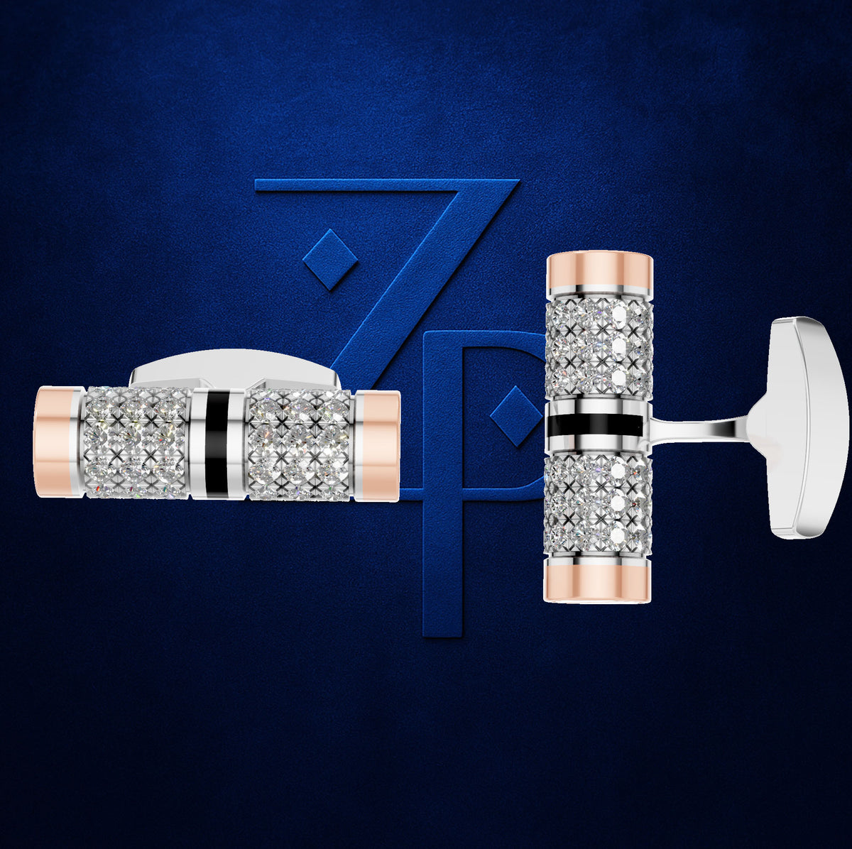 A pair of men's cufflinks displayed on a textured dark blue background. The cufflinks feature a cylindrical design with rows of clear pavé-set stones, a polished rose gold end, a polished silver-toned center band with a black stripe, and a flat white post backing.