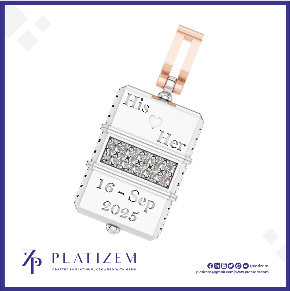 A custom engraved rectangular pendant necklace featuring a rose gold bail and a silver-toned face with a central diamond band. The pendant is engraved with 'His', a heart, 'Her', and the date '16 - Sep - 2025'.