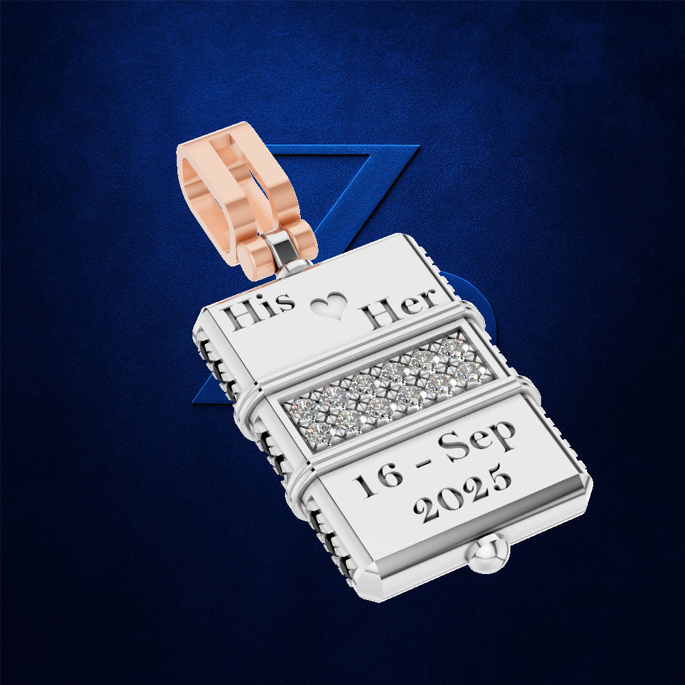 A rectangular silver-toned keepsake pendant with a rose gold clasp, featuring engraved text 'His' and 'Her' and the date '16 - Sep 2025'. The center section is paved with small clear stones.
