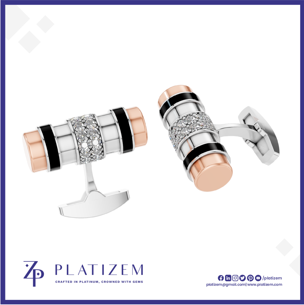 A pair of cylindrical cufflinks by Platinzem, featuring a silver-toned body with black enamel stripes, a central diamond-encrusted band, and rose gold end caps, shown on a white background with the Platinzem brand logo at the bottom.
