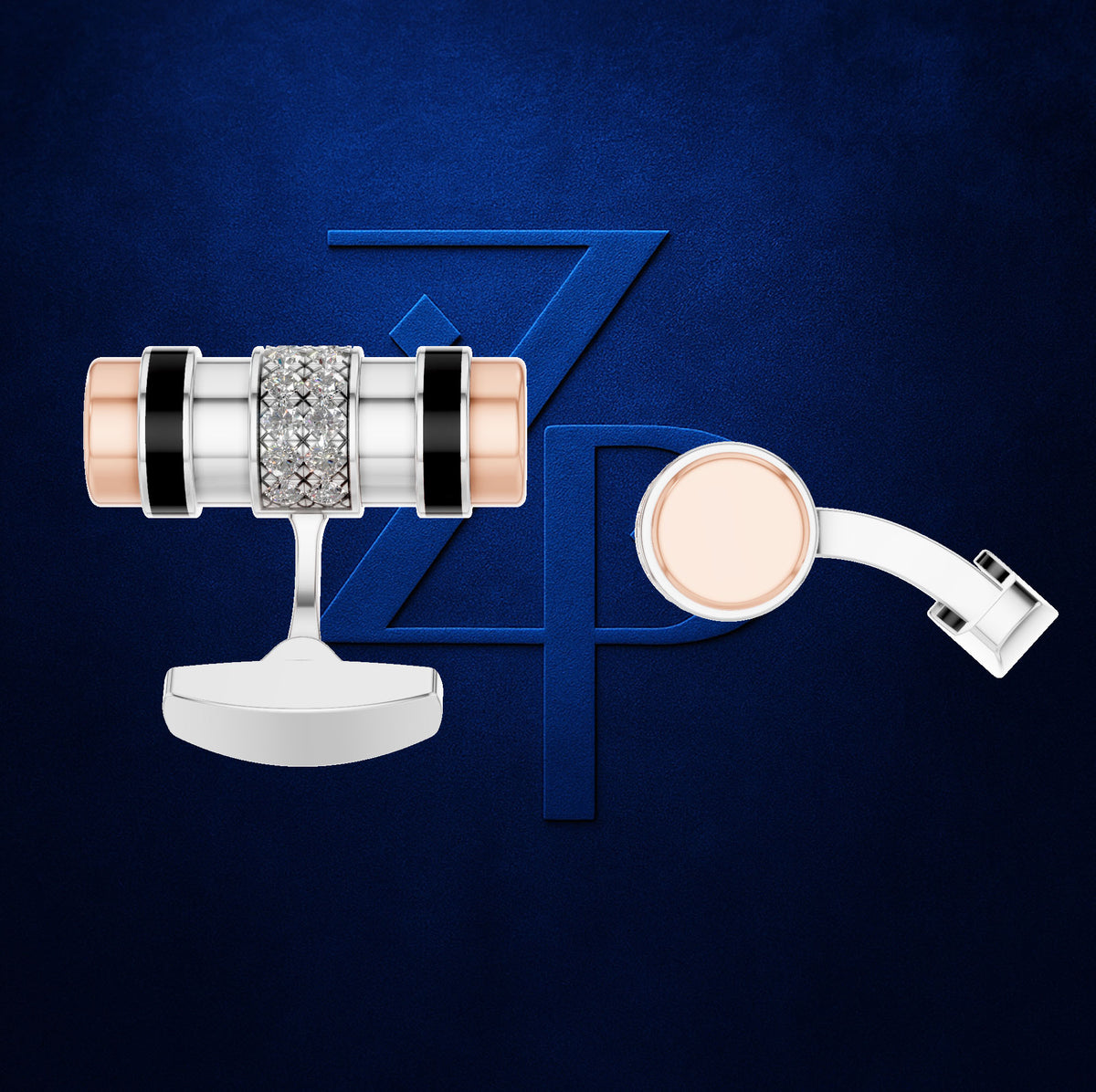 A men's cufflink set shown on a dark blue textured background with a large stylized 'ZP' logo. The set includes a cylindrical cufflink with rose gold, silver, black, and diamond accents, and a matching round cufflink with a curved silver arm.