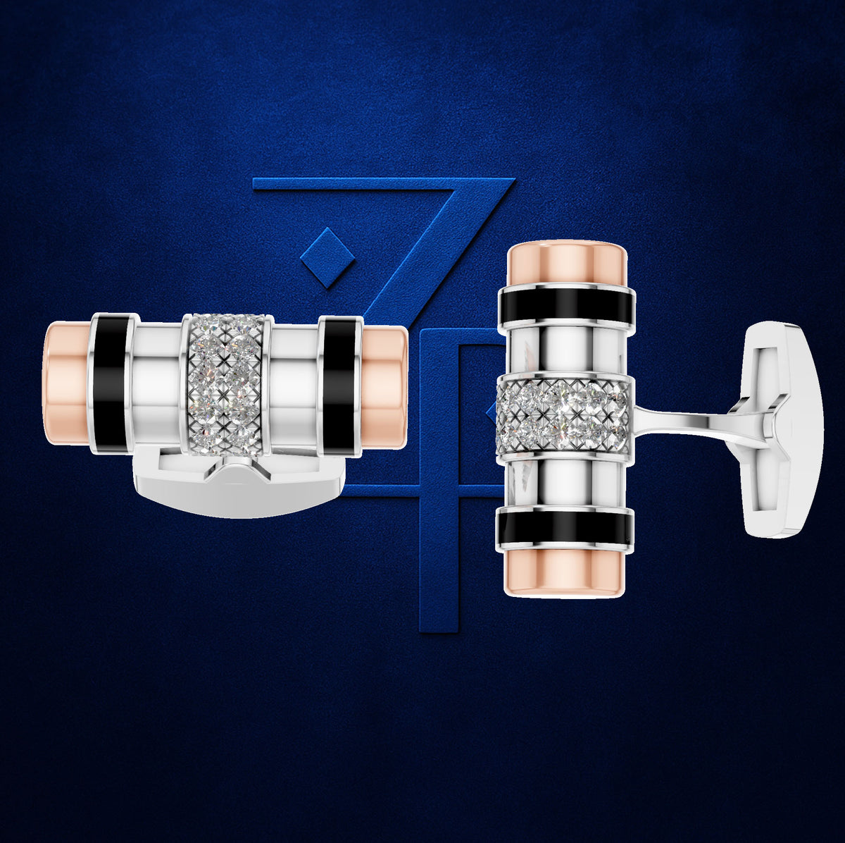 A pair of men's cufflinks displayed on a textured dark blue background. The cufflinks feature a silver-toned body with a central band of clear pavé-set stones, flanked by polished rose gold end caps and accented with black rings.