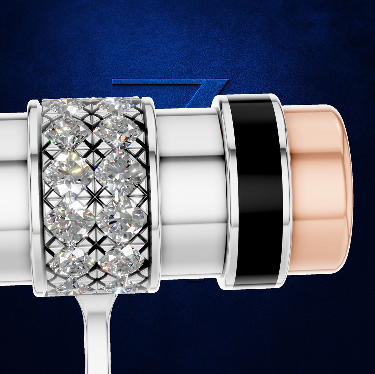 A close-up studio shot of a cylindrical product with a clear crystal-encrusted band, a black ring, and a rose-gold-toned end, set against a dark blue textured background.