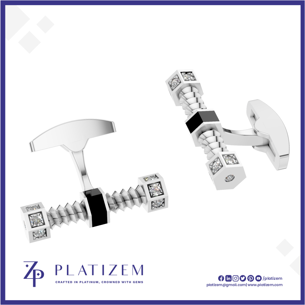 A pair of silver-toned men's cufflinks by Platizem, featuring a wing-shaped back and screw-like front sections adorned with small clear gemstones and black square accents, shown on a white background with the Platizem brand logo at the bottom.