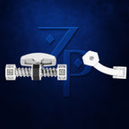 A white and silver mechanical watch spring bar with diamond accents, displayed horizontally against a textured dark blue background with a stylized '7p' logo.