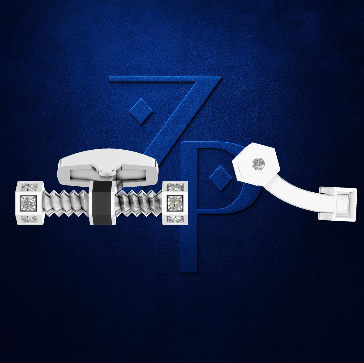A white and silver mechanical watch spring bar with diamond accents, displayed horizontally against a textured dark blue background with a stylized '7p' logo.