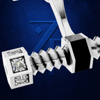 A close-up studio render of a silver-toned jewelry setting or ring component with three clear gemstones in a cube-like prong setting, shown against a dark blue textured background with abstract blue graphic shapes.