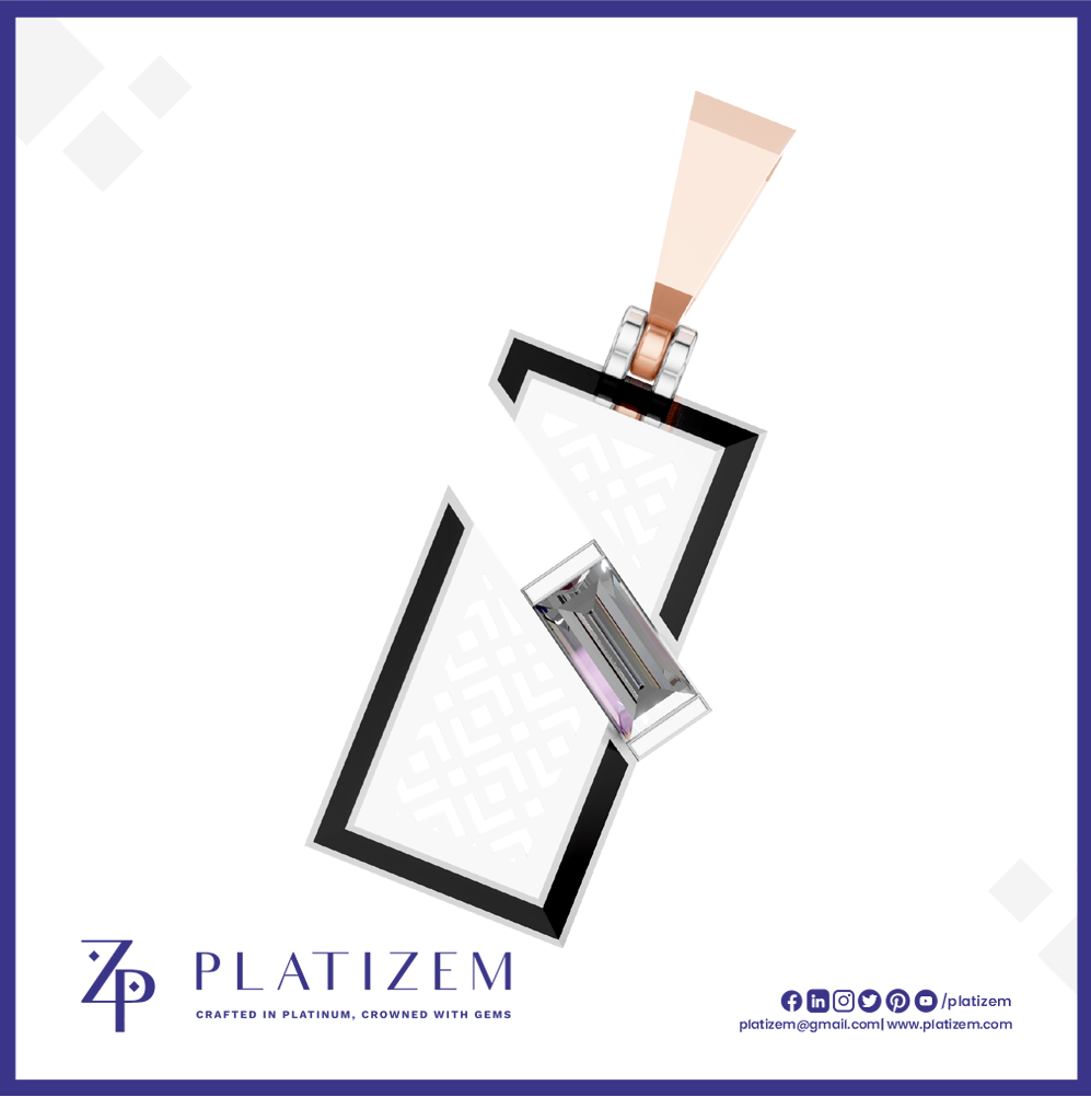 A stylized product rendering of a rectangular pendant or keychain with a black border and a central metallic clasp, shown on a white background with the brand name PLATIZEM and social icons at the bottom.