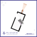 A stylized product rendering of a rectangular pendant or keychain with a black border and a central metallic clasp, shown on a white background with the brand name PLATIZEM and social icons at the bottom.
