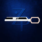 A modern keychain fob featuring a white and black train design with a rose gold keyring, set against a dark blue textured background with a stylized blue 'ZPD' logo.
