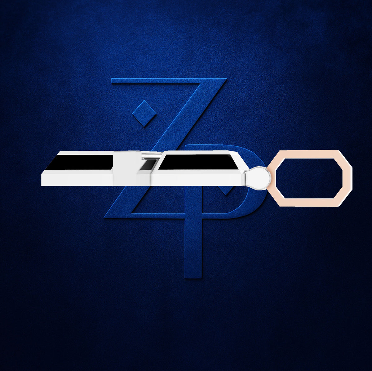 A modern keychain fob featuring a white and black train design with a rose gold keyring, set against a dark blue textured background with a stylized blue 'ZPD' logo.