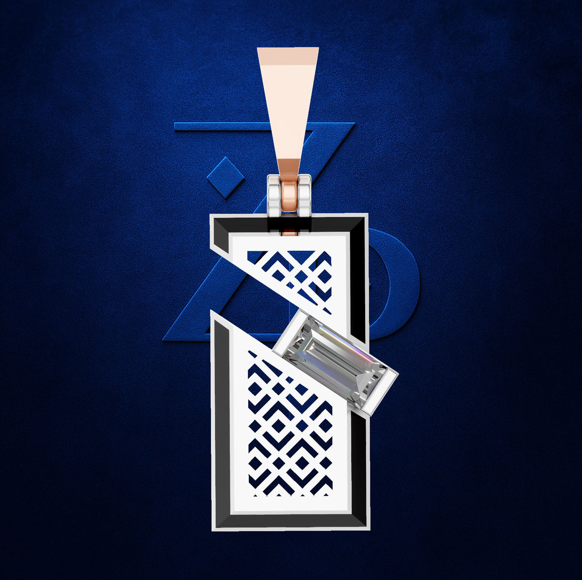 A rectangular silver-toned pendant with a white and navy geometric cutout pattern, hanging from a matching silver chain against a dark blue textured background.