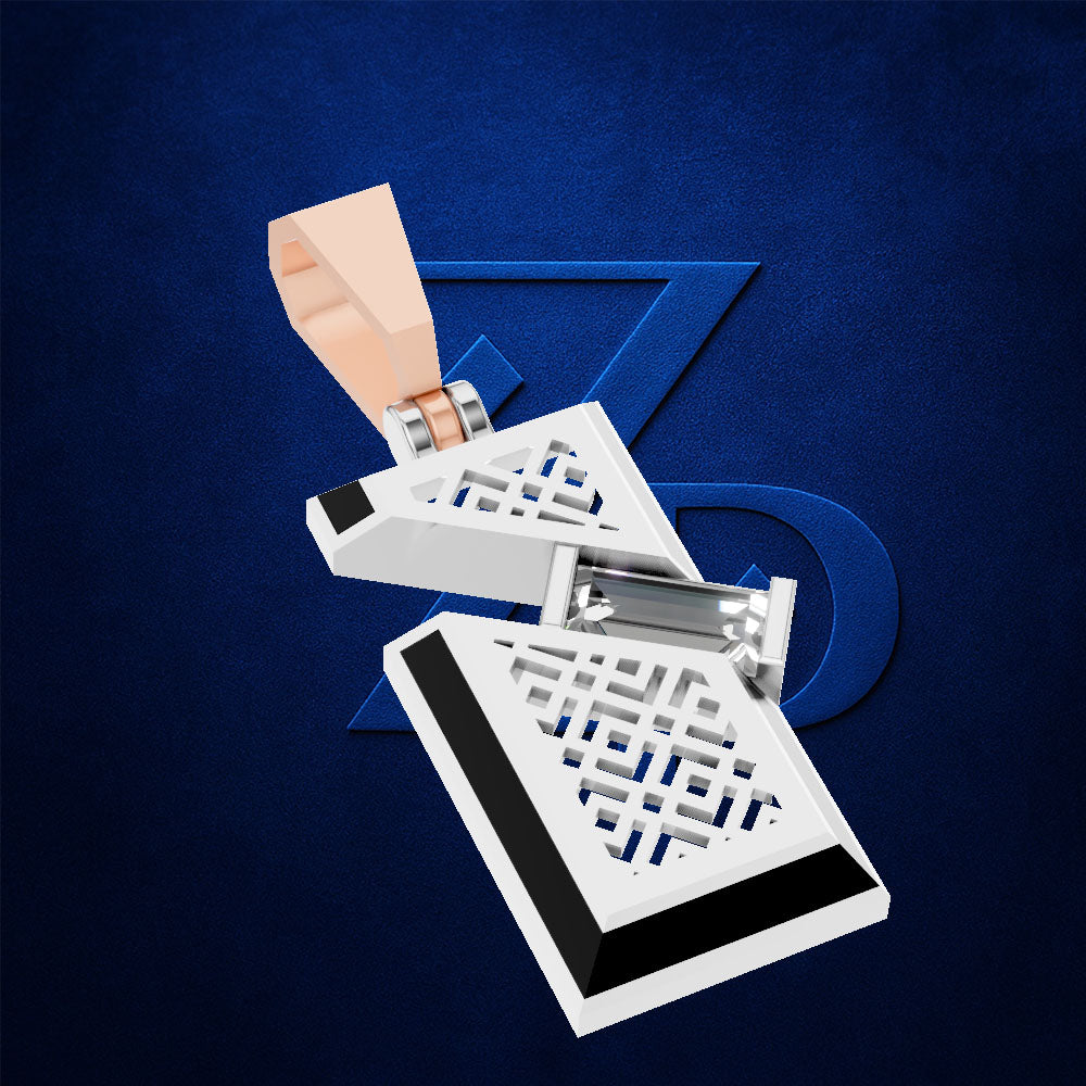 A 3D-rendered jewelry product on a textured dark blue background. The item appears to be a white and silver geometric pendant or keychain-style accessory with a peach-colored loop and a black accent edge, shown floating with a stylized blue 'Z' shape behind it.