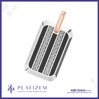 A rectangular dog tag pendant with a polished silver-tone border, two vertical black inlay stripes, and two rows of clear rhinestones. A rose gold-tone loop is attached at the top.