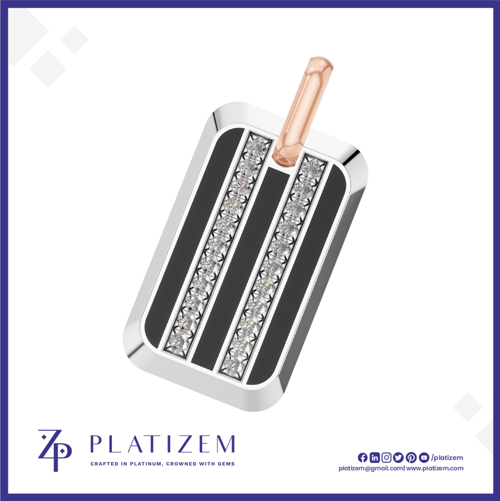 A rectangular dog tag pendant with a polished silver-tone border, two vertical black inlay stripes, and two rows of clear rhinestones. A rose gold-tone loop is attached at the top.