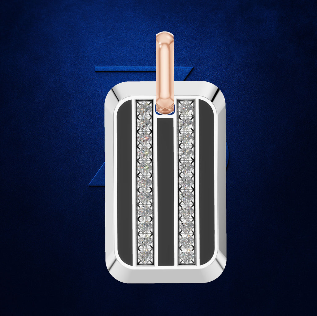 A rectangular silver-toned pendant with a rose gold top bar, featuring two vertical columns of clear stones on either side of a central dark inlay, set against a textured dark blue background.