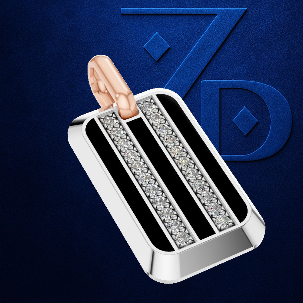 A rectangular silver-toned pendant or charm with three vertical rows of clear stones, black inlay sections, and a rose gold loop at the top, shown on a dark blue textured background with a large embossed blue '7D' logo.