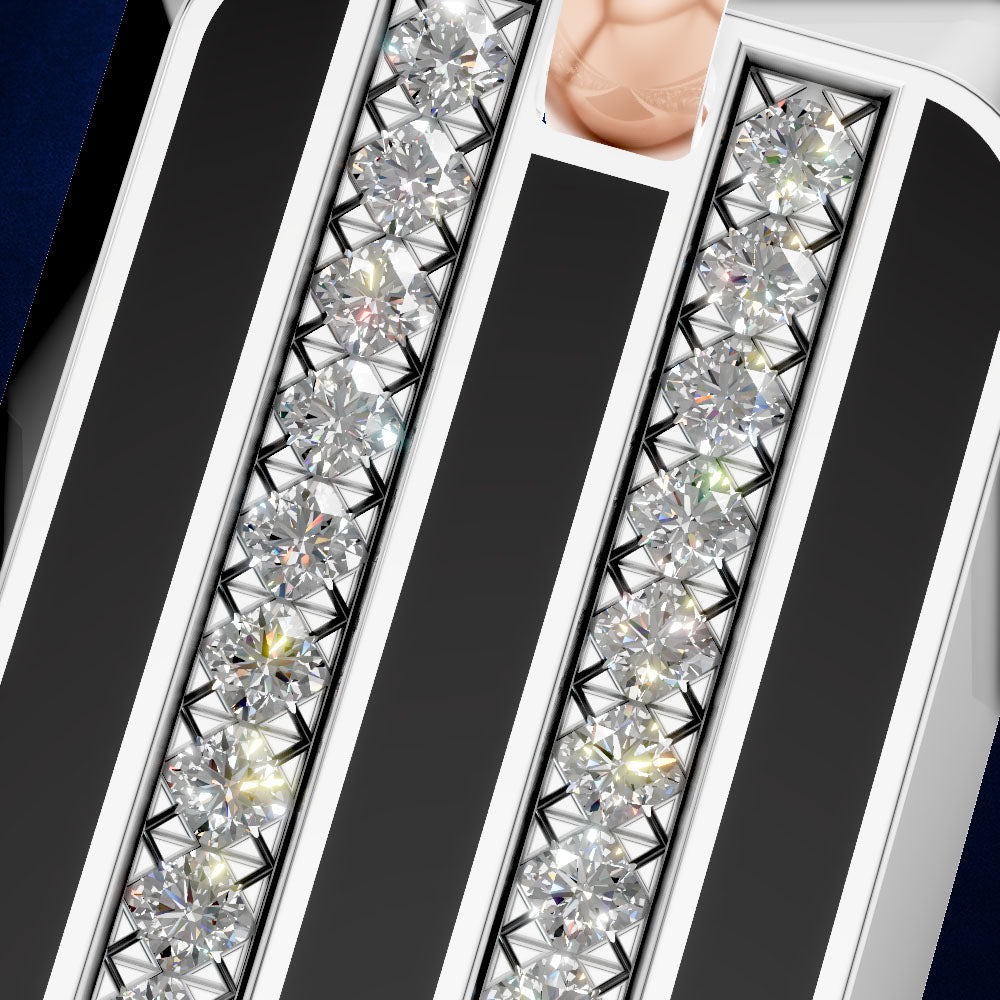 Close-up of a white and black striped phone case decorated with two vertical rows of clear round-cut gemstones, with a small inset showing a hand holding the case.