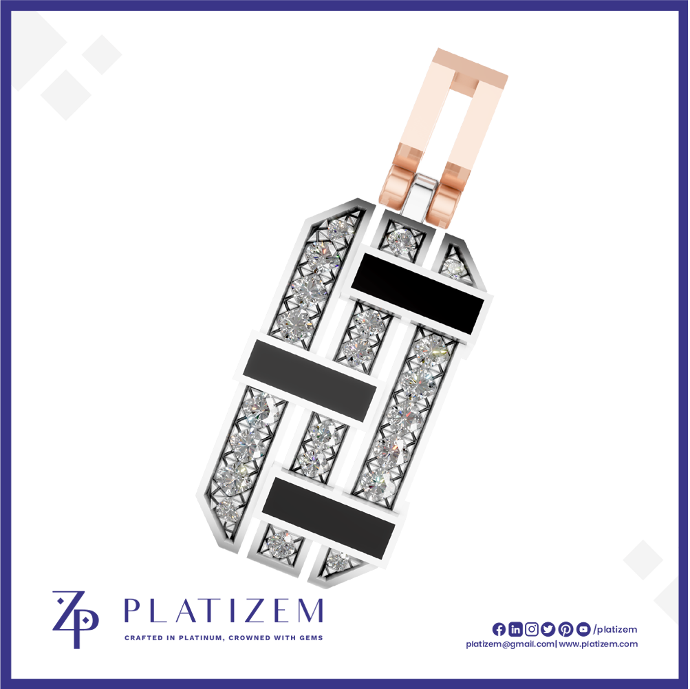 A geometric pendant necklace featuring a silver-toned base with black inlaid sections and rows of clear pavé-set stones, suspended from a rose gold loop, shown on a white background with the Platinzem brand logo at the bottom.