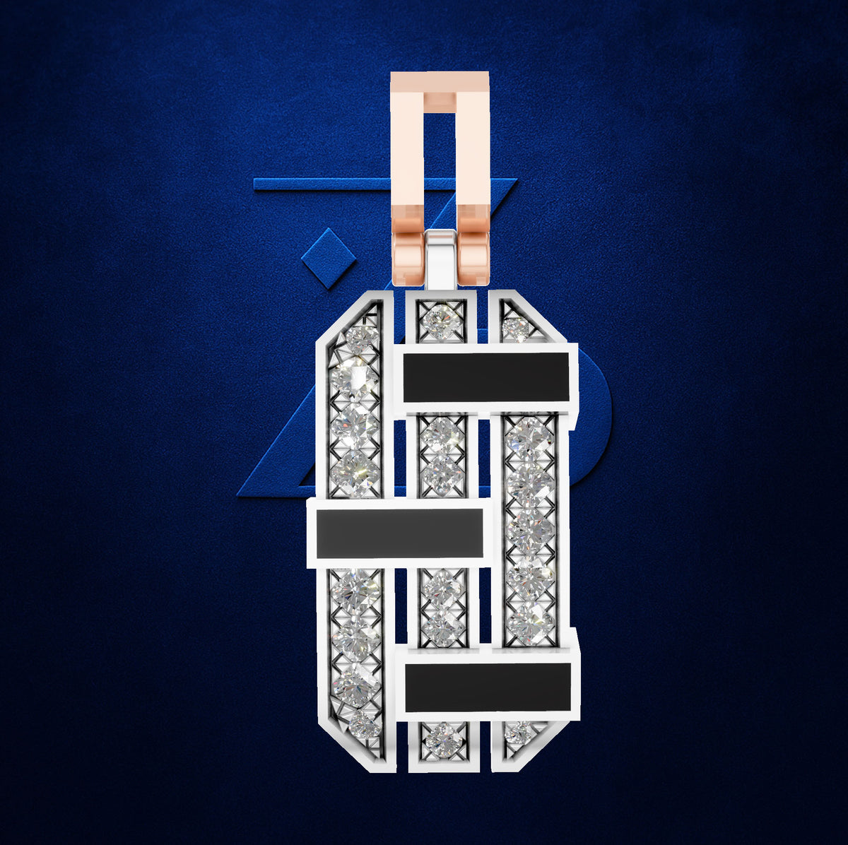 A custom monogram pendant featuring the number 4 and letter S, crafted in white gold or platinum with pavé-set clear stones and rose gold accents on the top loop, set against a textured dark blue background.