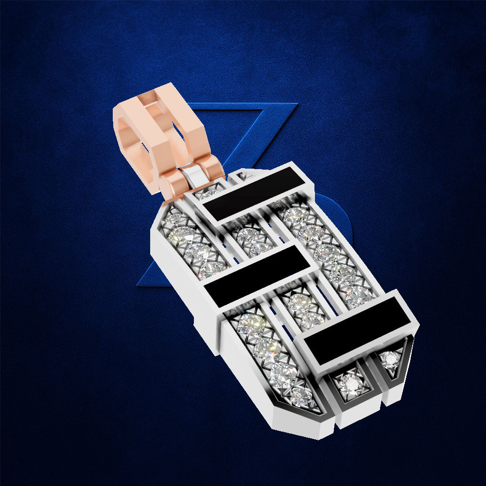 A geometric pendant featuring a rose gold hanger, a white and black geometric body, and rows of clear gemstones, shown on a textured dark blue background.