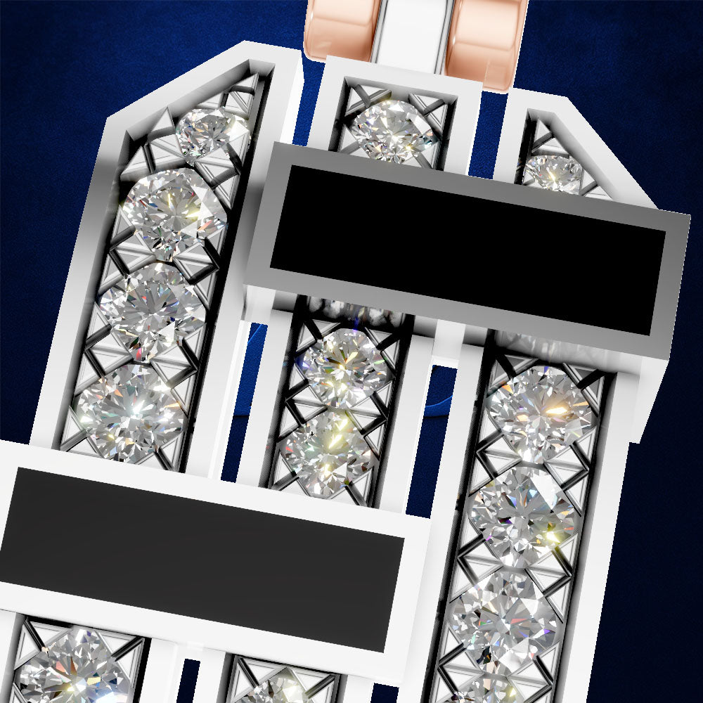 A close-up of a white geometric jewelry setting with multiple clear gemstones and rose gold accents, shown against a dark blue background. Two rectangular black areas obscure parts of the design.
