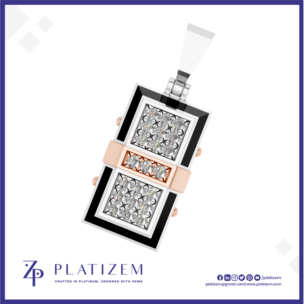 A rectangular pendant necklace with a silver-toned frame, black inlay, and two diamond-encrusted square panels separated by a rose gold center bar. The pendant is shown on a white background with the brand name 'PLATIZEM' at the bottom.