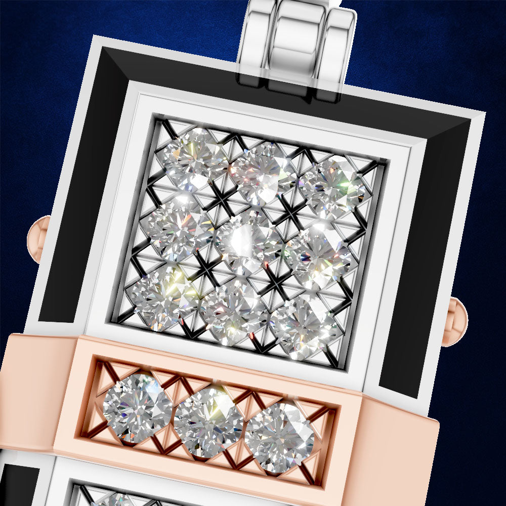 A close-up studio shot of a luxury watch face with a diamond-encrusted square bezel, featuring a white and black outer frame, a rose gold inner frame with three diamonds, and a dark blue textured background.