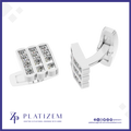 Silver-toned rectangular cufflinks with three rows of clear stones, shown from front and side angles on a white background with the PLATIZEM brand logo at the bottom.