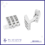Silver-toned rectangular cufflinks with three rows of clear stones, shown from front and side angles on a white background with the PLATIZEM brand logo at the bottom.