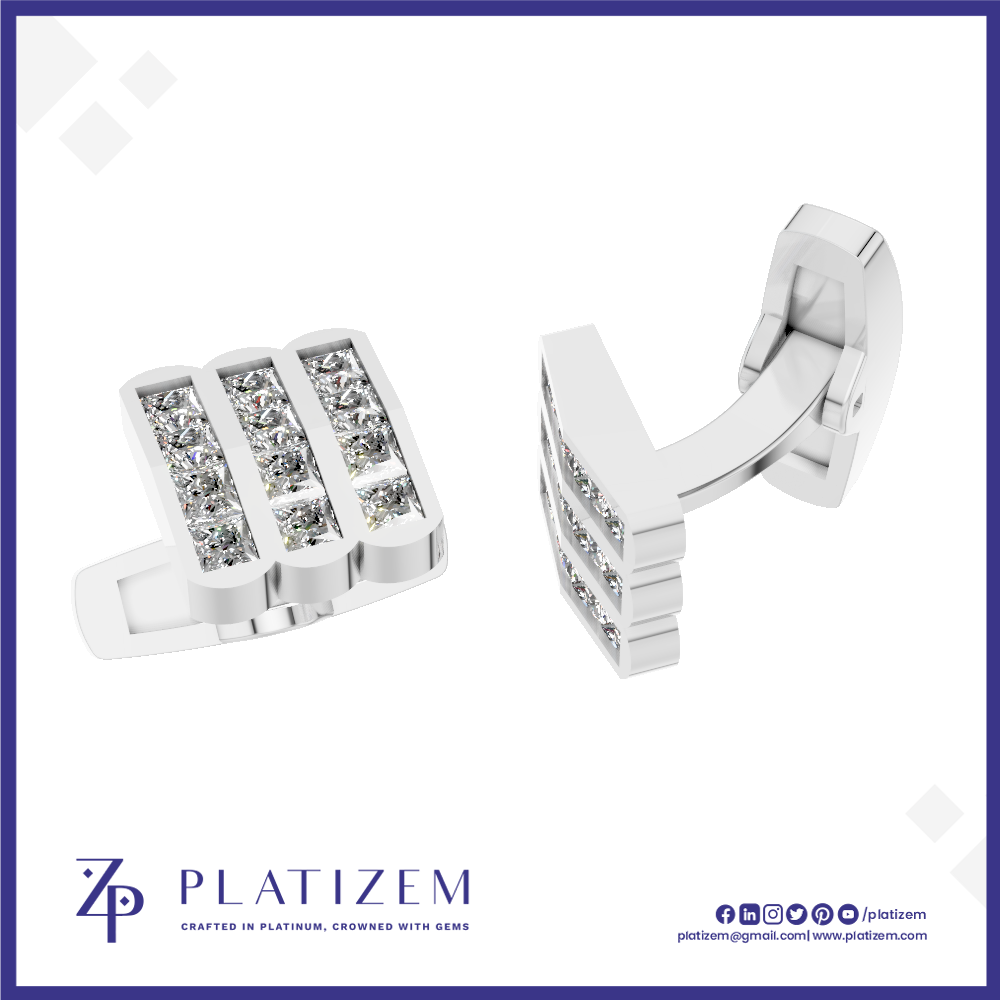 Silver-toned rectangular cufflinks with three rows of clear stones, shown from front and side angles on a white background with the PLATIZEM brand logo at the bottom.
