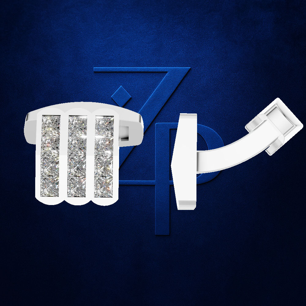 A white diamond-encrusted cuff-style ring shown against a dark blue textured background with a large blue stylized ZP logo behind it.