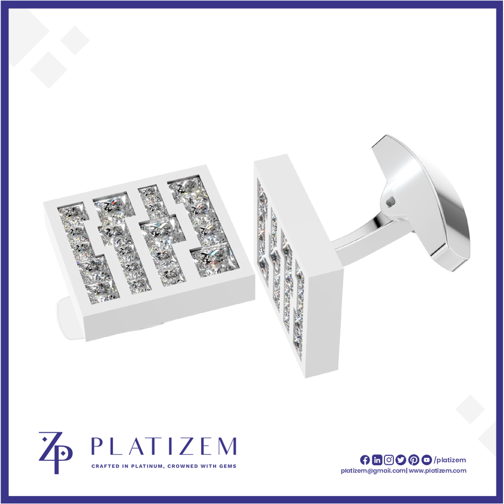 A pair of white rectangular cufflinks with clear gemstone lettering, shown on a white background with a blue border. The brand name 'PLATIZEM' is visible at the bottom.