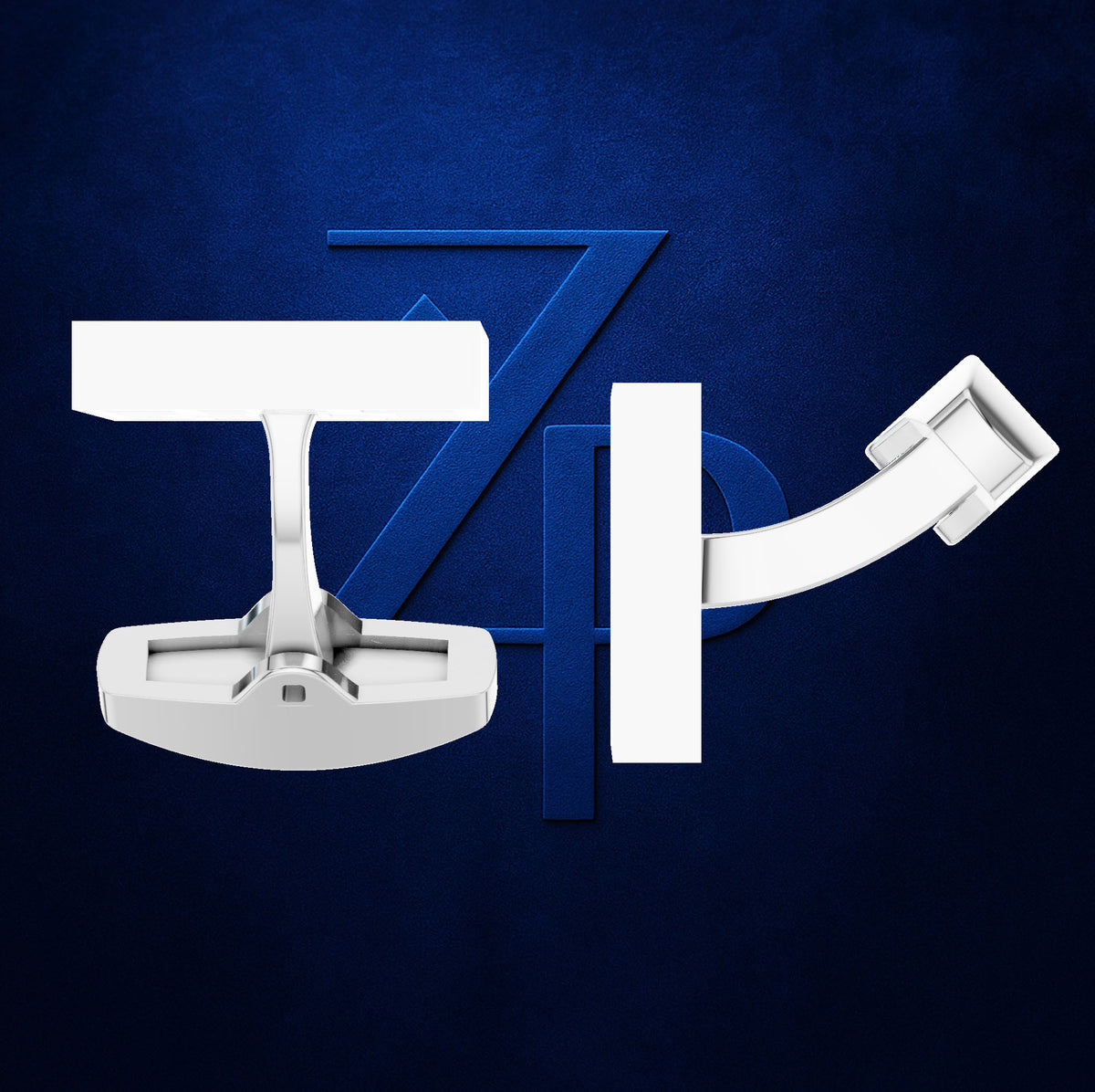 A white and silver automatic golf cart with a curved rear bumper, shown against a dark blue textured background with a stylized blue 'ZP' logo.