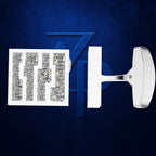 A pair of white men's cufflinks with clear crystal inlay lettering, displayed on a textured dark blue background with a matching blue 'Z' accent.
