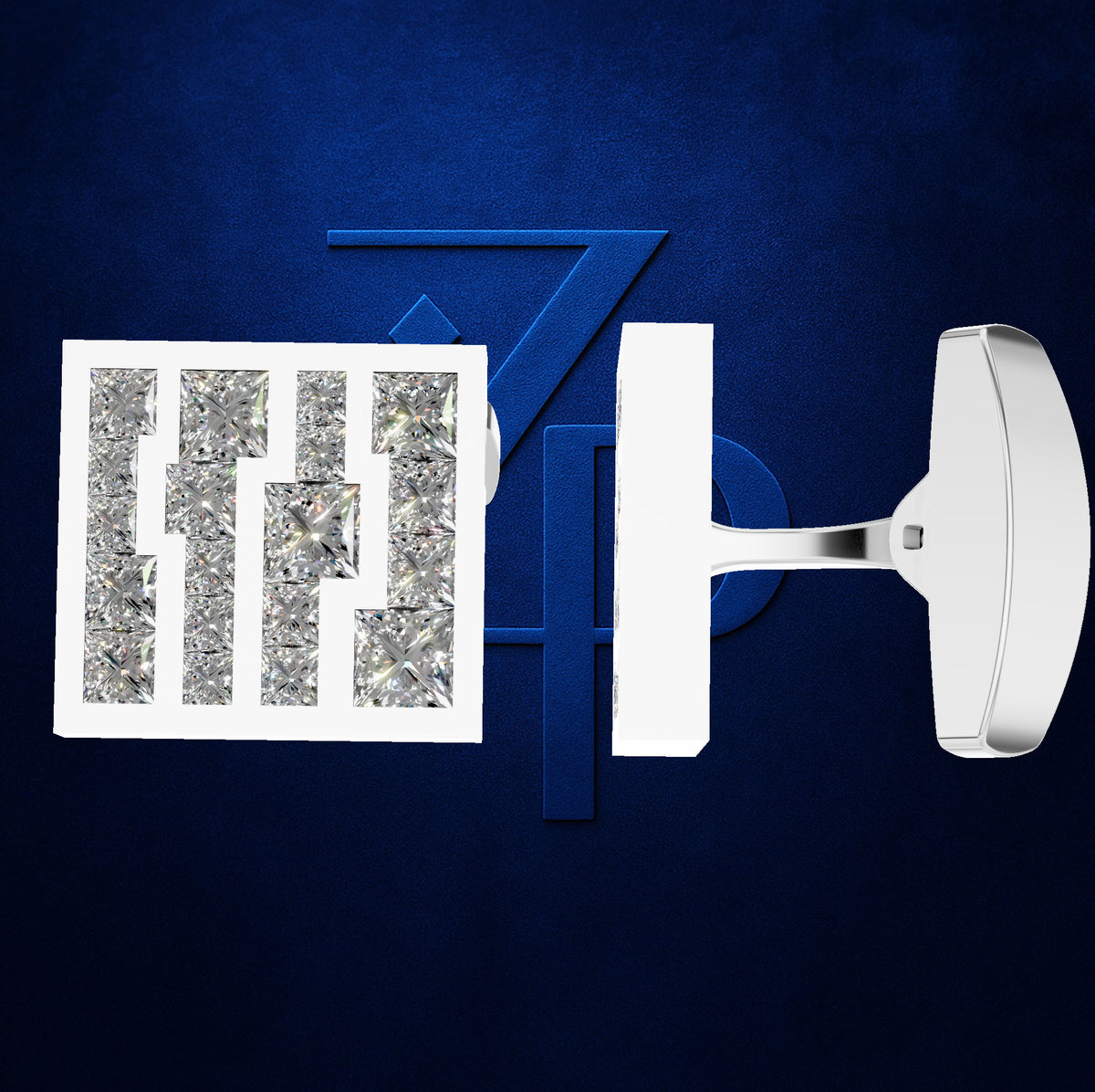 A pair of white men's cufflinks with clear crystal inlay lettering, displayed on a textured dark blue background with a matching blue 'Z' accent.