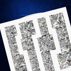 A sheet of loose square-cut diamonds with brilliant faceting, displayed on a white backing against a dark blue textured background.