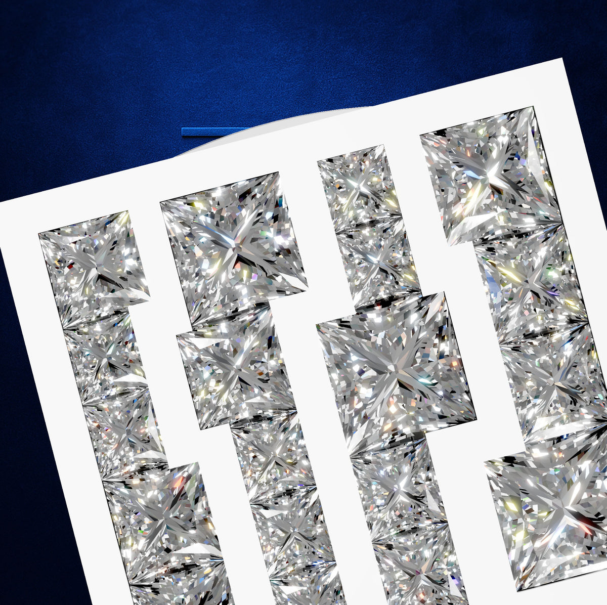 A sheet of loose square-cut diamonds with brilliant faceting, displayed on a white backing against a dark blue textured background.