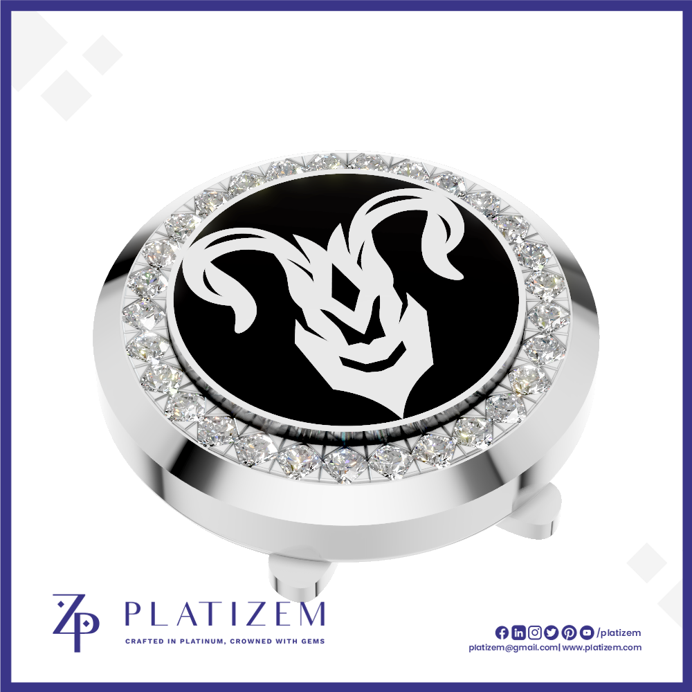 A round silver-toned golf hole flag stop with a black center featuring a white ram head emblem, surrounded by a halo of clear crystals. The brand name 'PLATIZEM' is visible at the bottom of the image.