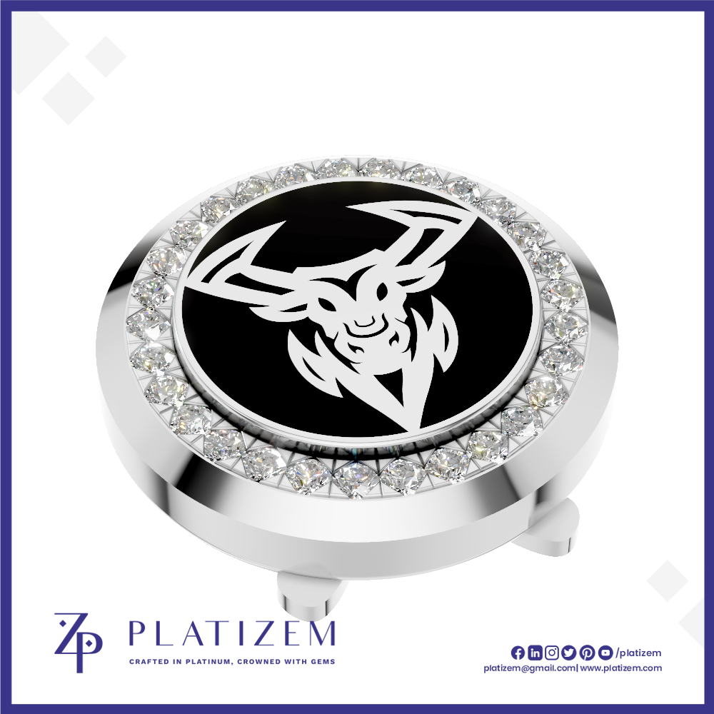 A round golf ball marker cap featuring a polished silver-tone metal bezel set with clear crystals, a black center, and a white deer head logo. The brand name 'PLATIZEM' is visible at the bottom of the image.