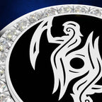 A close-up of a circular silver-toned jewelry piece featuring a bold white stylized bird or phoenix motif on a black center, bordered by clear faceted gemstones against a dark blue background.