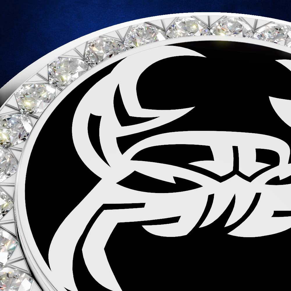 A close-up of a circular black and white emblem or medallion with a stylized white graphic on a black field, surrounded by a border of clear faceted gemstones on a dark blue background.