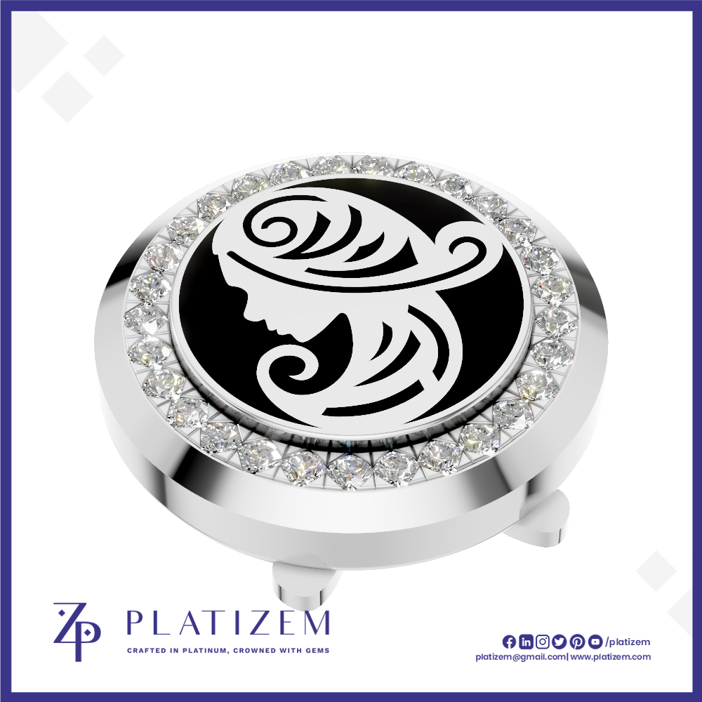 A round silver-toned golf club headcover with a black center featuring a white stylized female profile design, surrounded by a border of clear rhinestones. The brand name 'PLATIZEM' is visible at the bottom of the image.