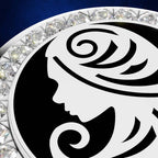 A close-up of a round jewelry piece featuring a black and white profile design with a halo of clear faceted crystals around the edge, set against a deep blue background.