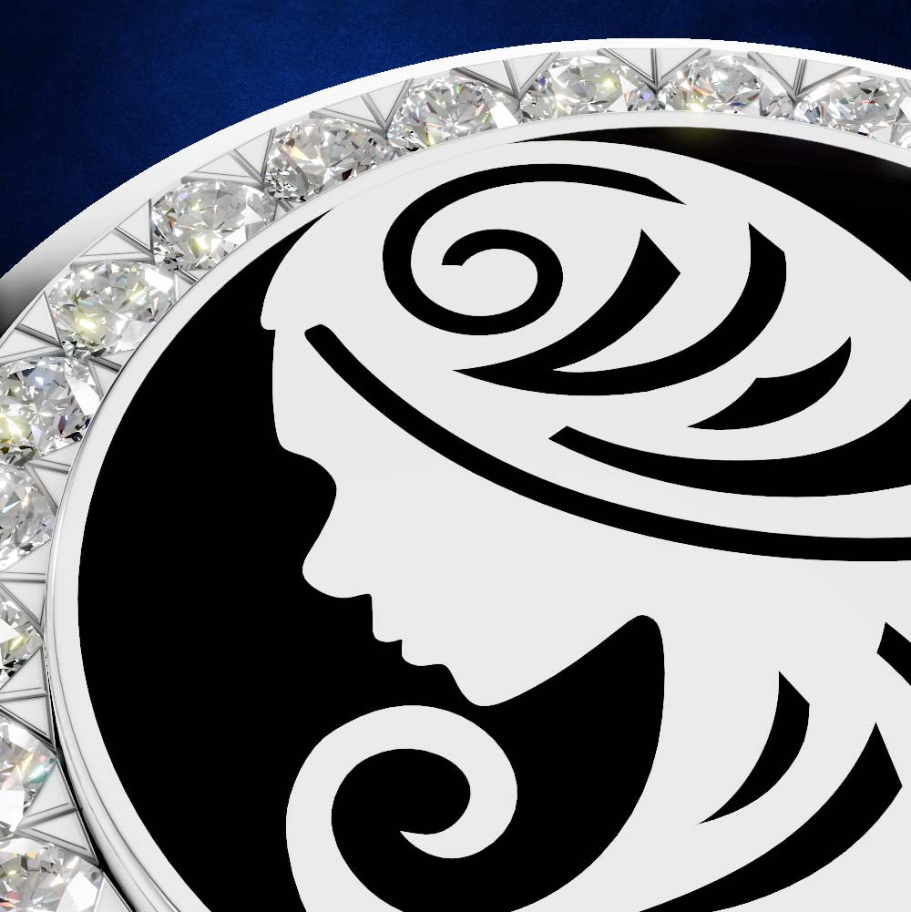 A close-up of a round jewelry piece featuring a black and white profile design with a halo of clear faceted crystals around the edge, set against a deep blue background.
