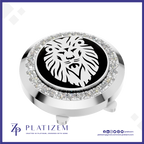 A round silver-toned golf club headcover featuring a black center with a white lion head emblem, surrounded by a halo of clear crystals. The brand name 'PLATIZEM' is visible at the bottom of the image.