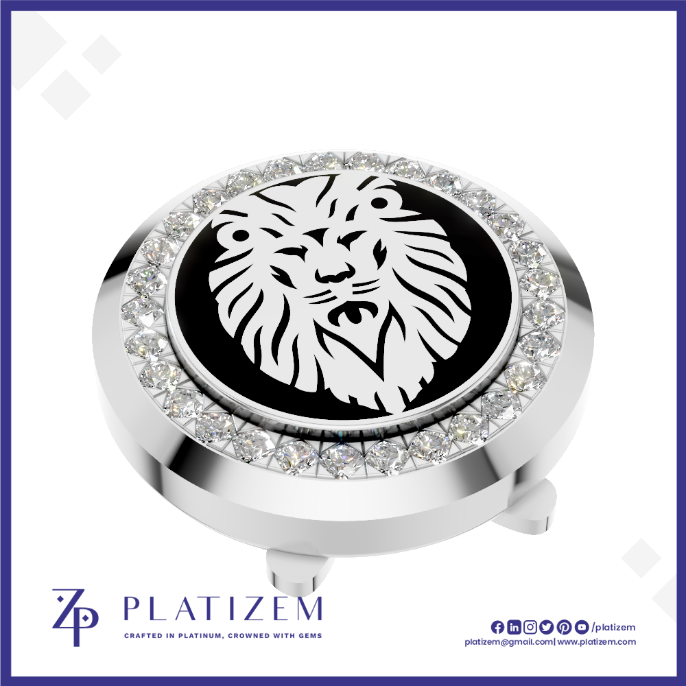 A round silver-toned golf club headcover featuring a black center with a white lion head emblem, surrounded by a halo of clear crystals. The brand name 'PLATIZEM' is visible at the bottom of the image.